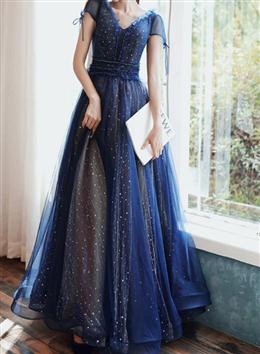 Picture of Navy Blue Cap Sleeves Shiny Tulle Lace-up Prom Dresses, Blue Evening Formal Dresses